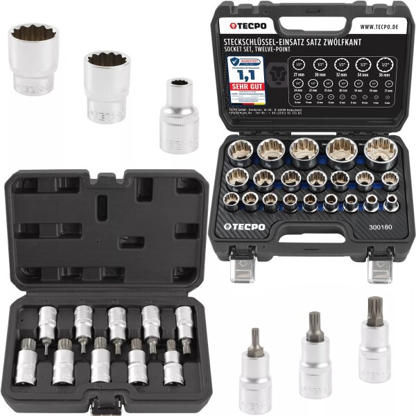 TECPO Steckschlüsselsatz, Innenvielzahn Nüsse, 1/2 Zoll, 10-tlg + Vielzahn Steckschlüssel Satz SW 8-36 mm