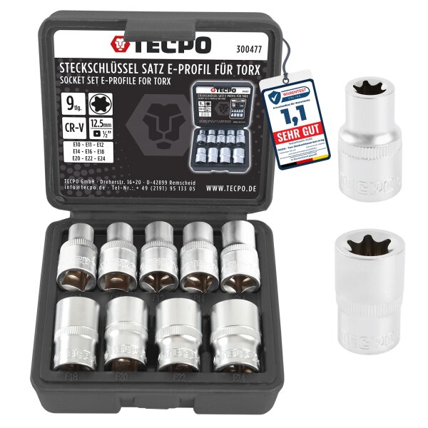 TECPO Torx Steckschlüssel Satz 9-tlg. Außentorx E10-E24 Stecknüsse E-Profil Set 1/2" Zoll Außen Nüsse Steckschlüsseleinsätze