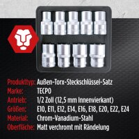 TECPO Torx Steckschlüssel Satz 9-tlg. Außentorx E10-E24 Stecknüsse E-Profil Set 1/2" Zoll Außen Nüsse Steckschlüsseleinsätze