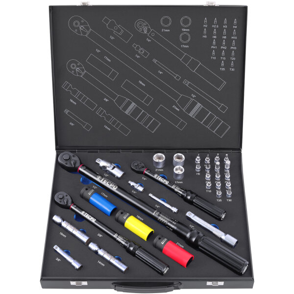 TECPO Drehmomentschlüssel-Satz 32-tlg. mit 1/4", 3/8" und 1/2" Antrieb, Bits, Nüssen und Zubehör – Drehmomentbereiche von 5–200 Nm