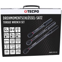 TECPO Drehmomentschlüssel-Satz 32-tlg. mit 1/4", 3/8" und 1/2" Antrieb, Bits, Nüssen und Zubehör – Drehmomentbereiche von 5–200 Nm