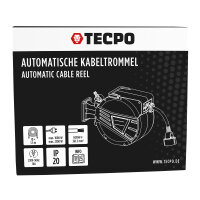 TECPO Automatik Kabelaufroller 10 m Stromkabel mit Stoppfunktion, Wandhalterung IP20 + 1,5 m Zuleitung