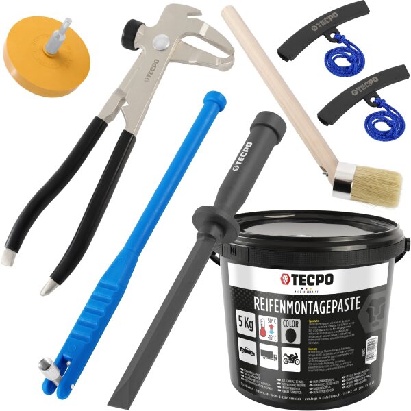 TECPO Reifenmontagepaste schwarz 5 kg + Pinsel + Auswuchtzange + Felgenkantenschutz + Einziehwerkzeug + Radierer + Schaber