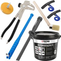 TECPO Reifenmontagepaste schwarz 5 kg + Pinsel + Auswuchtzange + Felgenkantenschutz + Einziehwerkzeug + Radierer + Schaber