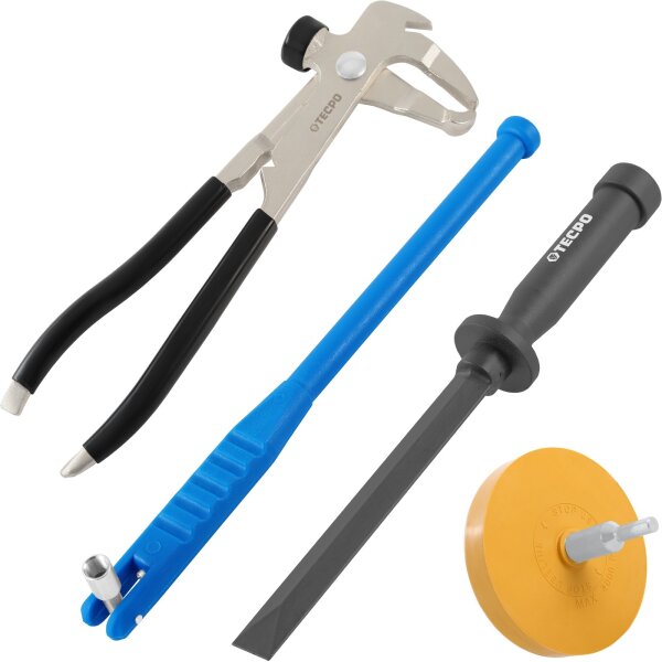 TECPO Auswuchtzange + Reifen-Ventilschaft-Einziehwerkzeug + Kunststoffschaber + Folienradierer Ø 90 mm