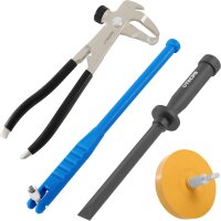 TECPO Auswuchtzange + Reifen-Ventilschaft-Einziehwerkzeug + Kunststoffschaber + Folienradierer Ø 90 mm