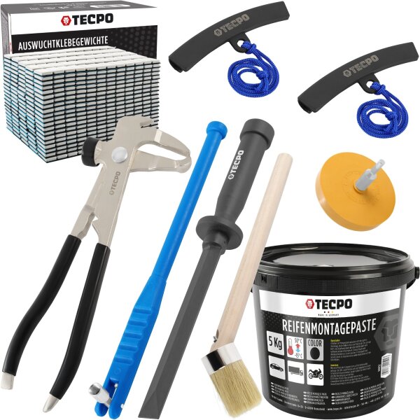 TECPO Auswuchtzange + Felgenkantenschutz + Klebegewicht Schaber Entferner + Ventileinzieher + Reifen Montagepaste mit Pinsel + Auswucht Gewichte + Radierer