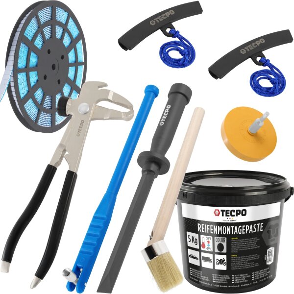 TECPO Auswuchtzange + Felgenkantenschutz + Klebegewicht Schaber Entferner + Ventileinzieher + Reifen Montagepaste mit Pinsel + Auswucht Gewichte + Radierer