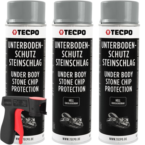 3x TECPO Unterbodenschutz überlackierbar hell, 500 ml + Pistolengriff
