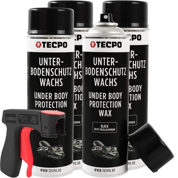 4x TECPO Unterbodenschutz überlackierbar schwarz, 500 ml + Sprühpistole