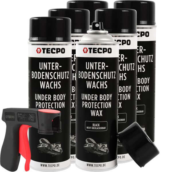 6x TECPO Unterbodenschutz überlackierbar schwarz, 500 ml + Sprühpistole