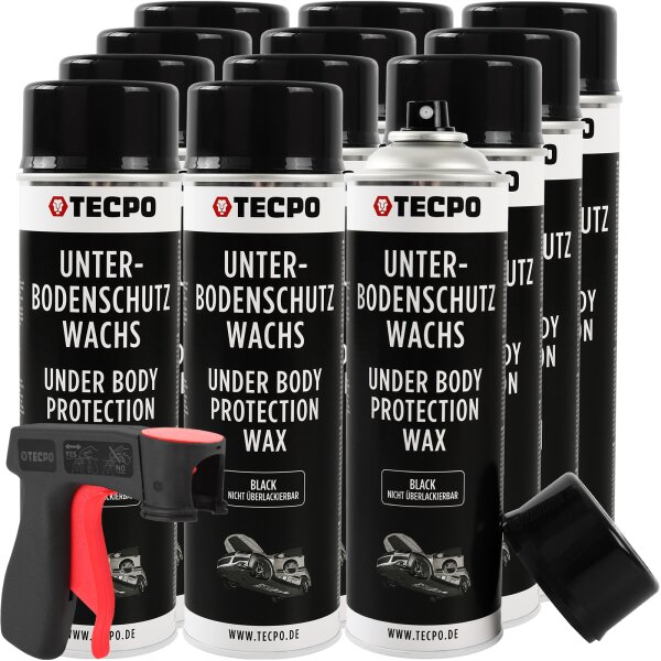 12x TECPO Unterbodenschutz überlackierbar schwarz, 500 ml + Sprühpistole