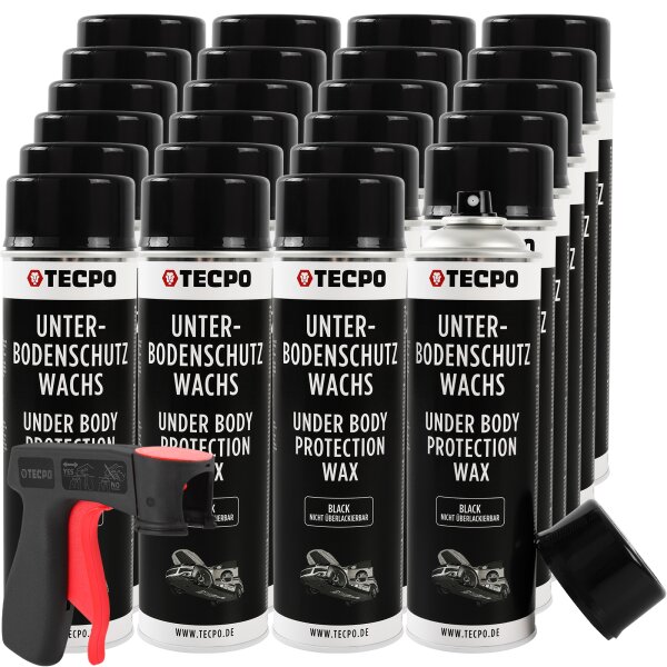 24x TECPO Unterbodenschutz überlackierbar schwarz, 500 ml + Sprühpistole