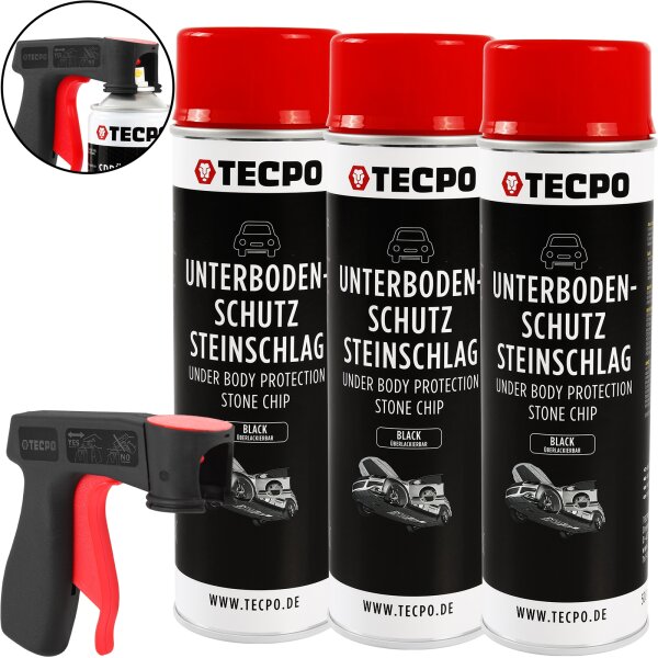 3x TECPO Unterbodenschutz überlackierbar schwarz, 500 ml + Pistolengriff