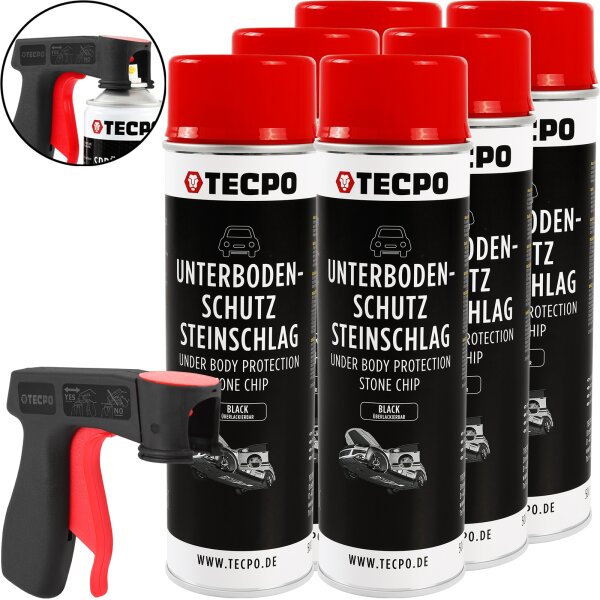 6x TECPO Unterbodenschutz überlackierbar schwarz, 500 ml + Pistolengriff