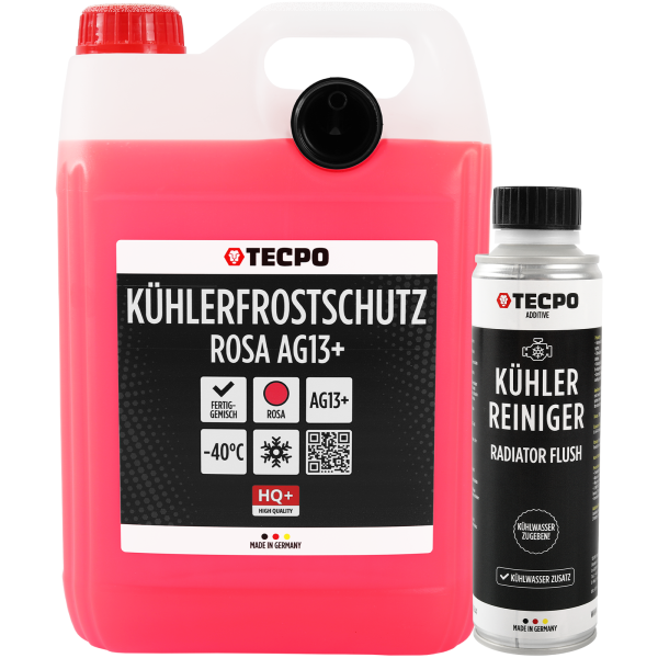 TECPO Kühlerfrostschutz Kühlmittel AG13+ rosa (-40 C°) Antifreeze 5L + Kühlerreiniger Kühlwasser Reiniger, 300 ml