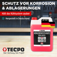 TECPO Kühlerfrostschutz Kühlmittel AG13+ rosa (-40 C°) Antifreeze 5L + Kühlerreiniger Kühlwasser Reiniger, 300 ml