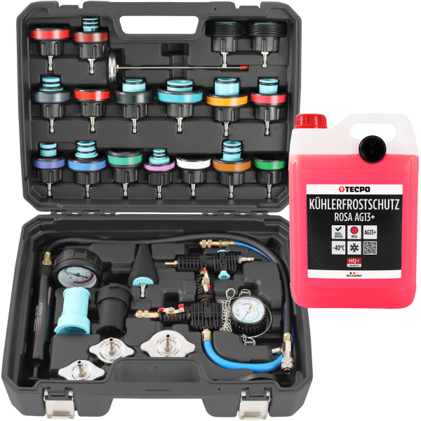 TECPO Kühlsystem Abdrückgerät 27-teilig + 5L Kühlerfrostschutz Kühlmittel AG13+ rosa (-40 C°) Antifreeze