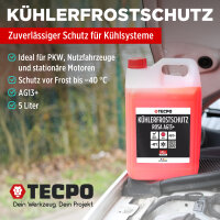 TECPO Kühlsystem Abdrückgerät 27-teilig + 5L Kühlerfrostschutz Kühlmittel AG13+ rosa (-40 C°) Antifreeze