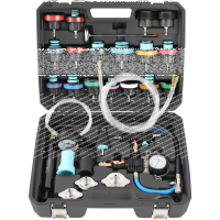 TECPO Kühlsystem Abdrückgerät 27-teilig + 5L Kühlerfrostschutz Kühlmittel AG13+ rosa (-40 C°) Antifreeze