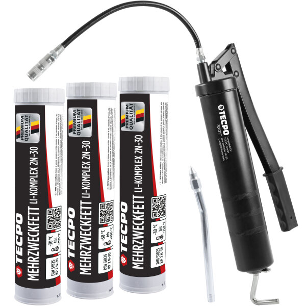 TECPO Mehrzweckfett 3x400g Hochleistungs Li-Komplex Schmierfett KP 2N-30 Lithium Fett + Fettpresse mit Handhebel