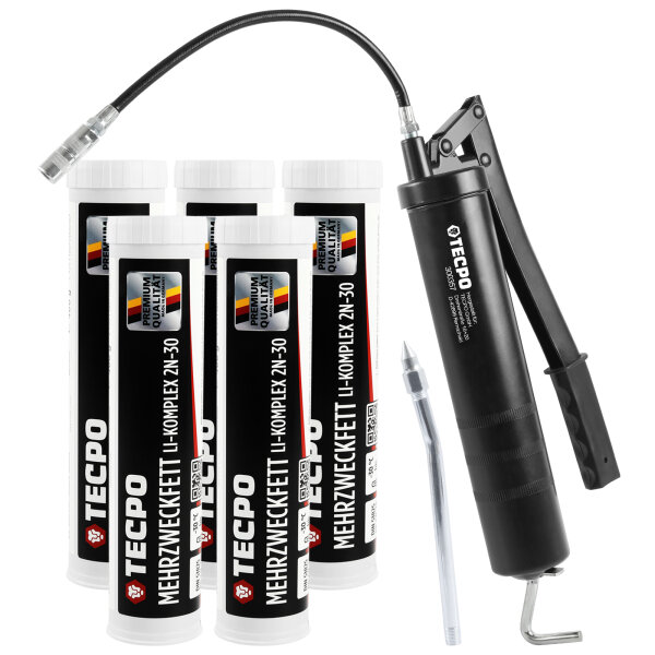 TECPO Mehrzweckfett 5x400g Hochleistungs Li-Komplex Schmierfett KP 2N-30 Lithium Fett + Fettpresse mit Handhebel