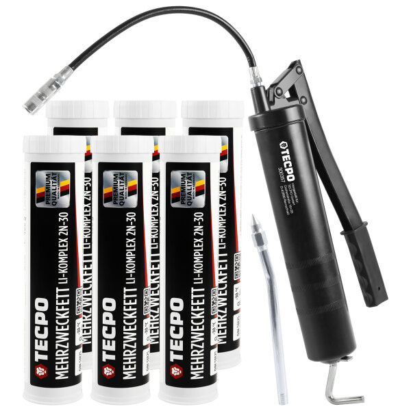 TECPO Mehrzweckfett 6x400g Hochleistungs Li-Komplex Schmierfett KP 2N-30 Lithium Fett + Fettpresse mit Handhebel