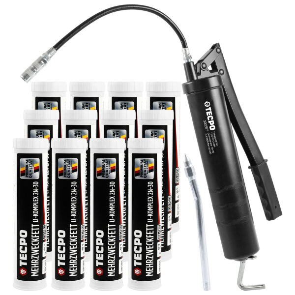 TECPO Mehrzweckfett 12x400g Hochleistungs Li-Komplex Schmierfett KP 2N-30 Lithium Fett + Fettpresse mit Handhebel