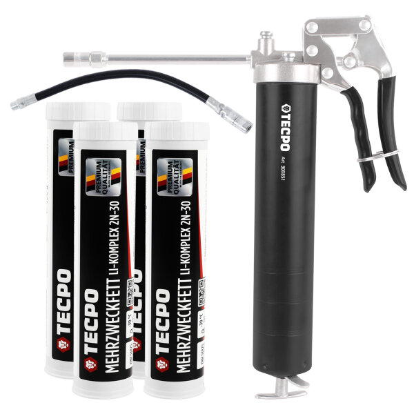 TECPO Mehrzweckfett 4x400g Hochleistungs Li-Komplex Schmierfett KP 2N-30 Lithium Fett + Einhand-Fettpresse