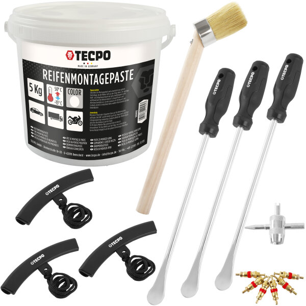 TECPO Reifenmontagepaste weiß 5 kg + Pinsel für Reifenmontagepaste Ø40mm + Reifen Montiereisen und Felgenkantenschutz-Satz 13-tlg.