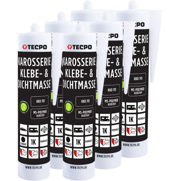 6x TECPO Karosserie Klebe & Dichtmasse KKD 701 Schwarz, 414g MS-Polymer 1K-Dichtstoff