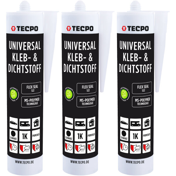 3x TECPO Universal Klebe- und Dichtstoff FLEX SEAL 522 SCHWARZ 1K MS-Polymer UV-stabil und witterungsbeständig