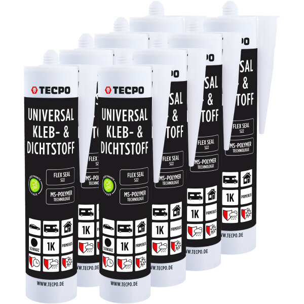 8x TECPO Universal Klebe- und Dichtstoff FLEX SEAL 522 SCHWARZ 1K MS-Polymer UV-stabil und witterungsbeständig