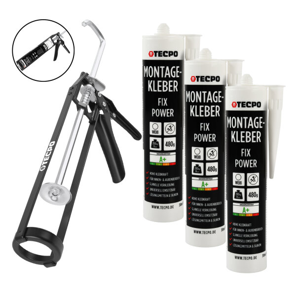 TECPO Montagekleber Fix Power 3x480g Universal Baukleber Kartuschen Kraftkleber mit Skelett-Kartuschenpresse