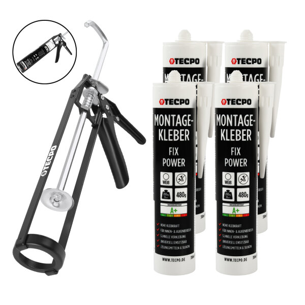 TECPO Montagekleber Fix Power 4x480g Universal Baukleber Kartuschen Kraftkleber mit Skelett-Kartuschenpresse
