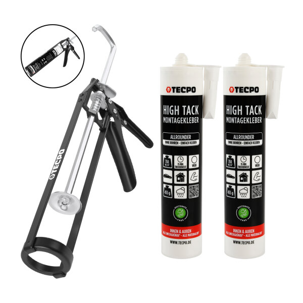 TECPO Allrounder Montagekleber HIGH TACK MS-Polymer 2x 455g Weiß + Skelett Kartuschepresse