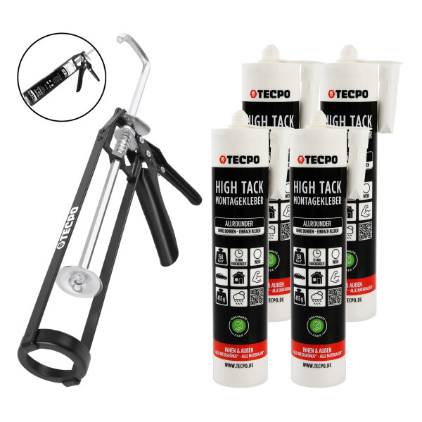 TECPO Allrounder Montagekleber HIGH TACK MS-Polymer 4x 455g Weiß + Skelett Kartuschepresse