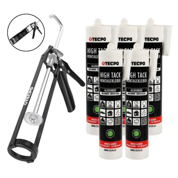 TECPO Allrounder Montagekleber HIGH TACK MS-Polymer 5x 455g Weiß + Skelett Kartuschepresse