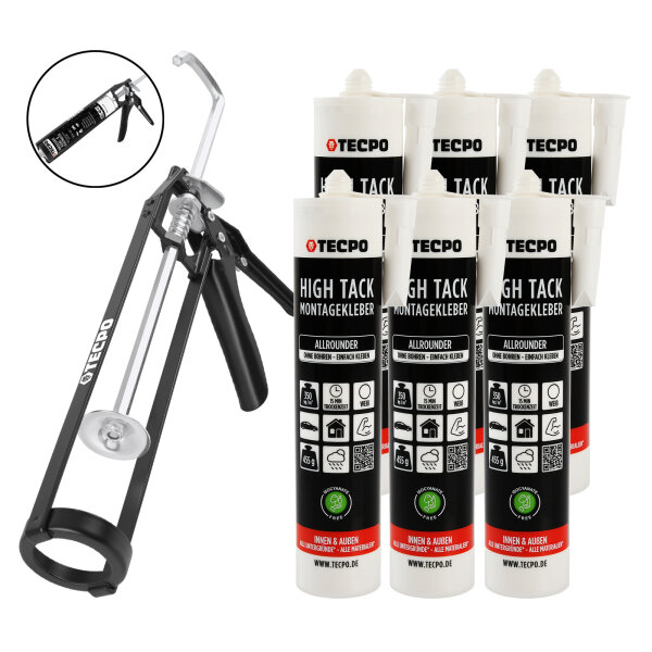 TECPO Allrounder Montagekleber HIGH TACK MS-Polymer 6x 455g Weiß + Skelett Kartuschepresse