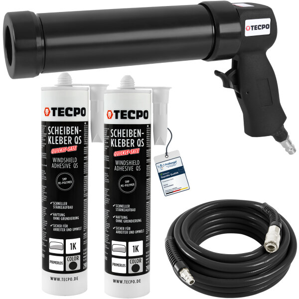 2x Scheibenkleber 290 ml MS-Polymer + Druckluft-Kartuschenpresse – Profi Kartuschenpistole für Dicht- & Klebstoffe + Druckluftschlauch 10 m