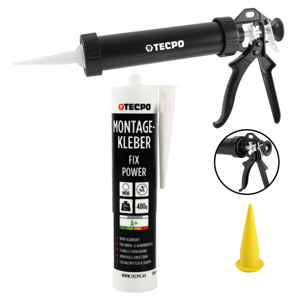 TECPO Universal Montagekleber Ultra FIX Power Baukleber 480g Weiß + Alu-Kartuschenpresse 220 mm