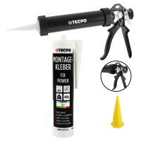 TECPO Universal Montagekleber Ultra FIX Power Baukleber 480g Weiß + Alu-Kartuschenpresse 220 mm