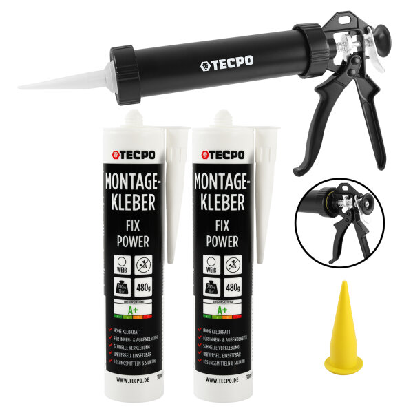 2x TECPO Universal Montagekleber Ultra FIX Power Baukleber 480g Weiß + Alu-Kartuschenpresse 220 mm