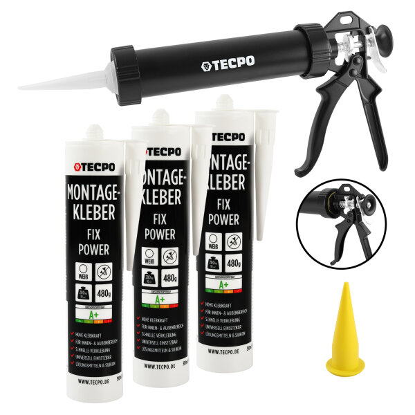 3x TECPO Universal Montagekleber Ultra FIX Power Baukleber 480g Weiß + Alu-Kartuschenpresse 220 mm