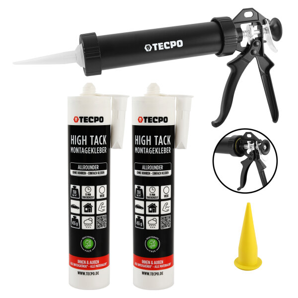 2x TECPO Montagekleber HIGH TACK Baukleber 455g Kleber + Dichtstoffe MS-Polymer SMP + Alu-Kartuschenpresse 220 mm