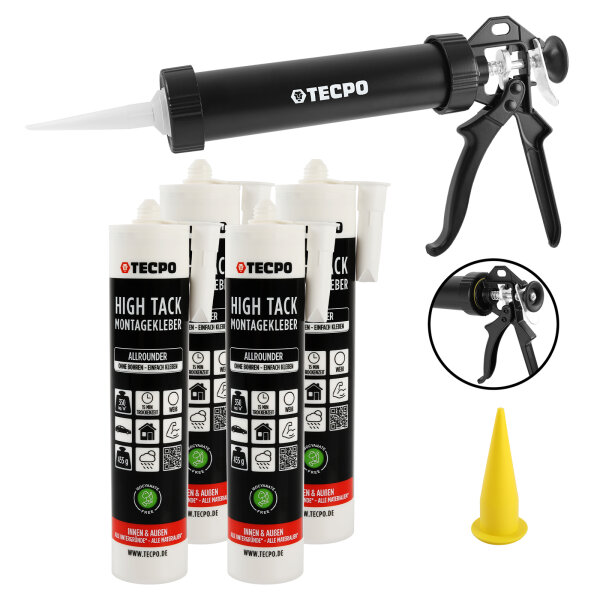 4x TECPO Montagekleber HIGH TACK Baukleber 455g Kleber + Dichtstoffe MS-Polymer SMP + Alu-Kartuschenpresse 220 mm