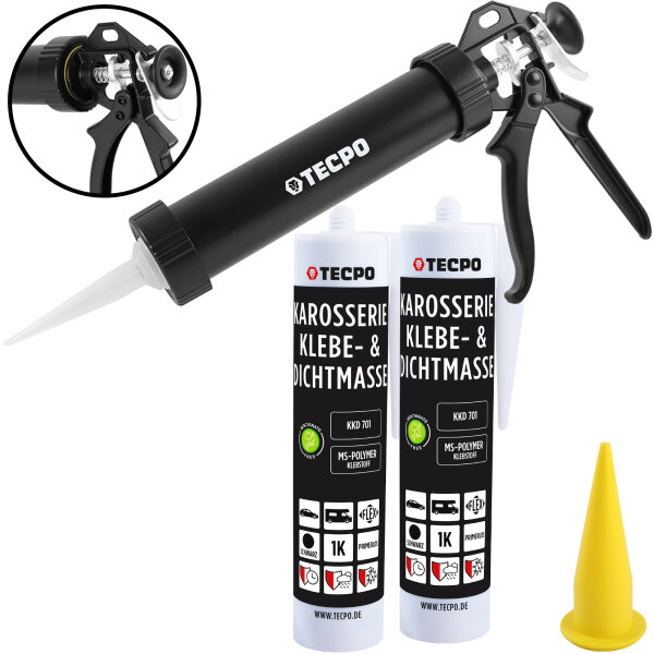 2x TECPO Karosserie Klebe & Dichtmasse KKD 701 Schwarz, 414g MS-Polymer 1K-Dichtstoff + Alu-Kartuschenpresse 220 mm