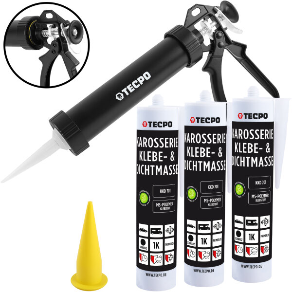 3x TECPO Karosserie Klebe & Dichtmasse KKD 701 Schwarz, 414g MS-Polymer 1K-Dichtstoff + Alu-Kartuschenpresse 220 mm