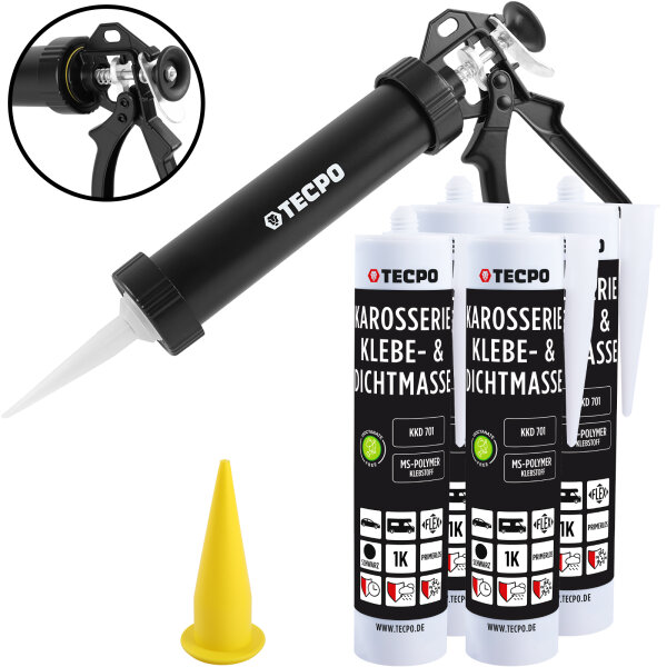 4x TECPO Karosserie Klebe & Dichtmasse KKD 701 Schwarz, 414g MS-Polymer 1K-Dichtstoff + Alu-Kartuschenpresse 220 mm