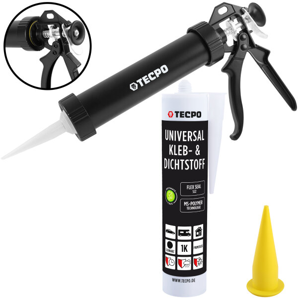 1x TECPO Universal Klebe- und Dichtstoff FLEX SEAL 522 SCHWARZ 1K MS-Polymer UV-stabil und witterungsbeständig + Alu-Kartuschenpresse 220 mm